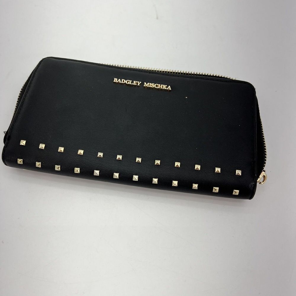 Badgley Mischka Black Soft Vegan Leather Wallet With Gold Studs & Logo, Zipper